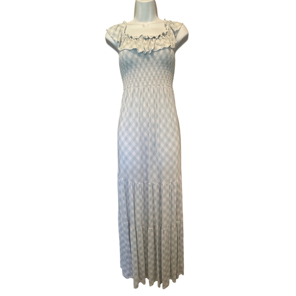 Bums & Roses Gingham Maxi Dress M Smocked Bamboo Cottagecore Tiered Cottagecore